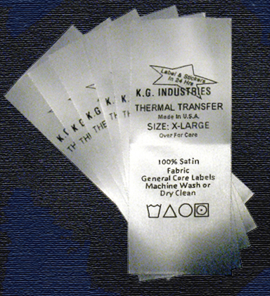 We print satin thermal transfer wash care labels for general home laundering and dry cleaning.