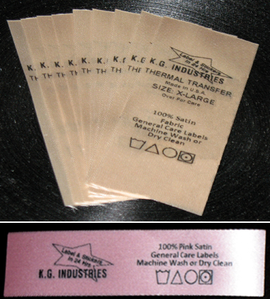 Tan or pink washable care label color satin thermal transfer tape printed with black resin ribbon.